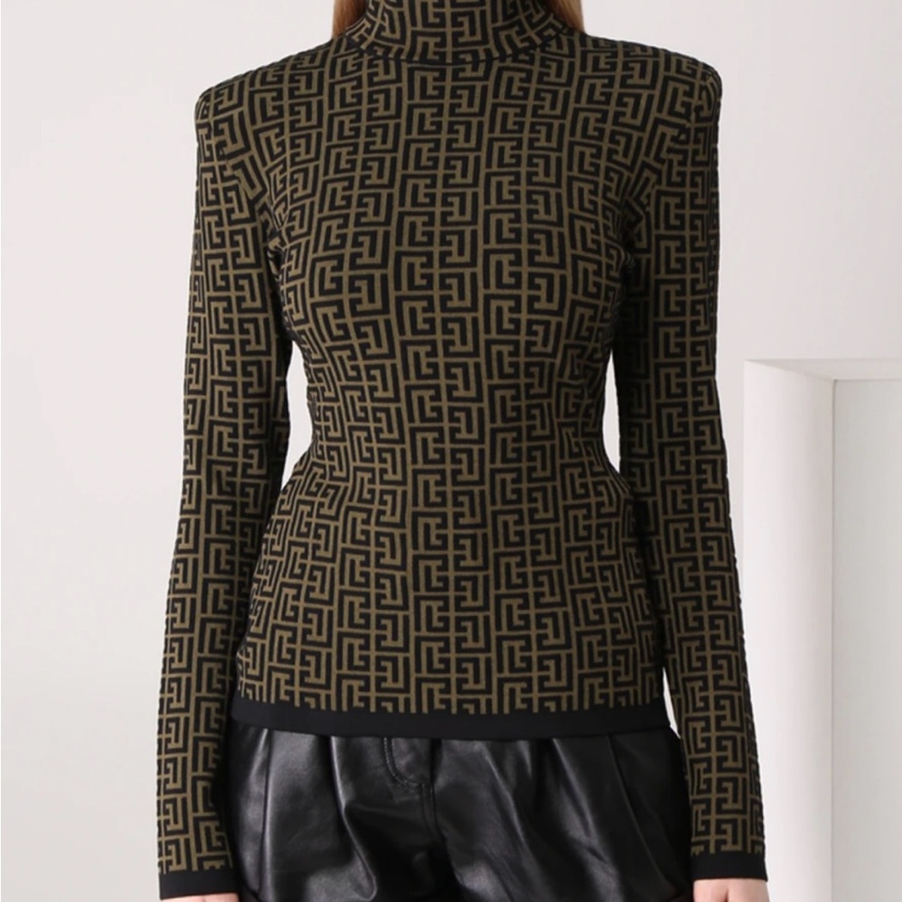 Balmain Black and Tan Geometric Turtleneck